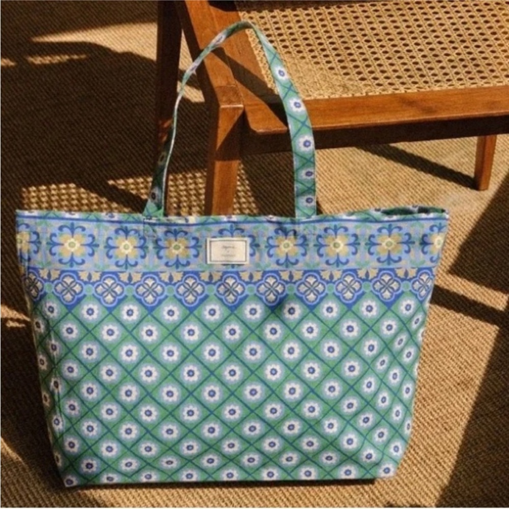 Sezane x Momoni Floral Patterned Tote Bag - Green and Blue